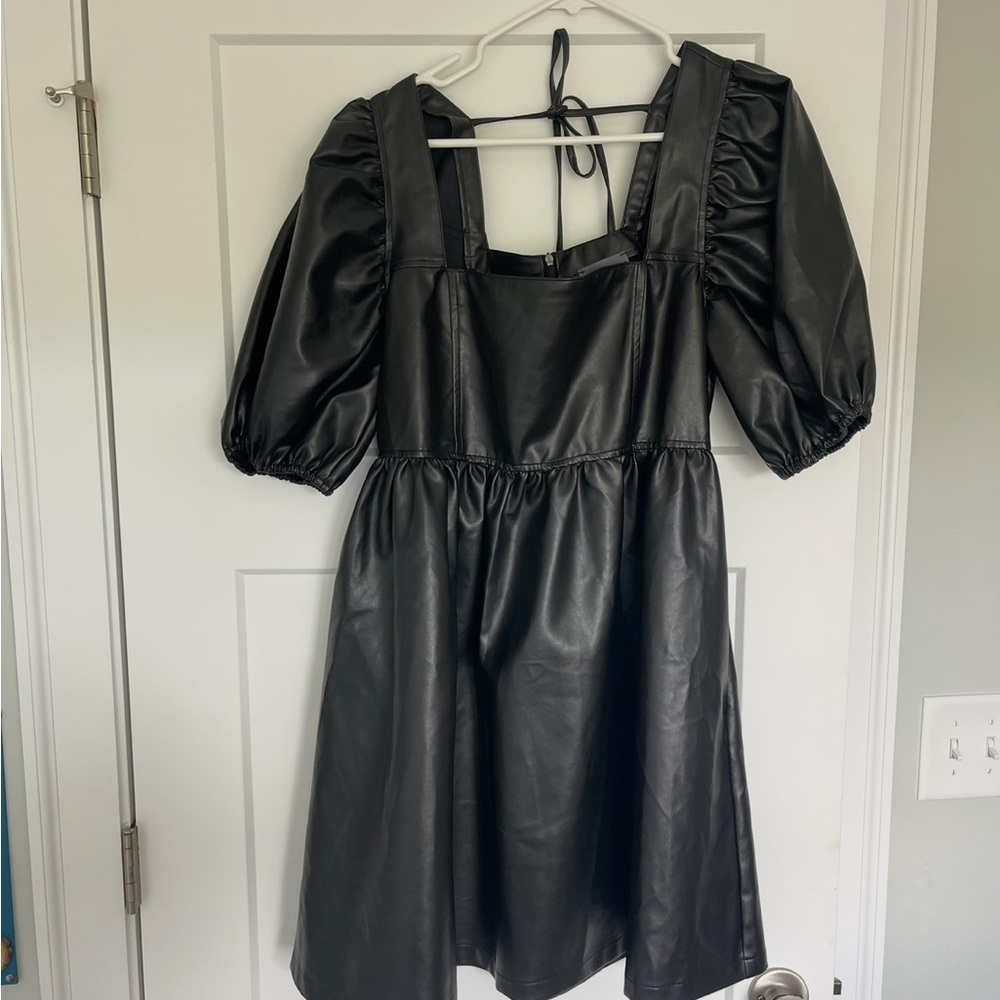 Black Faux Leather Puff Sleeve Dress
